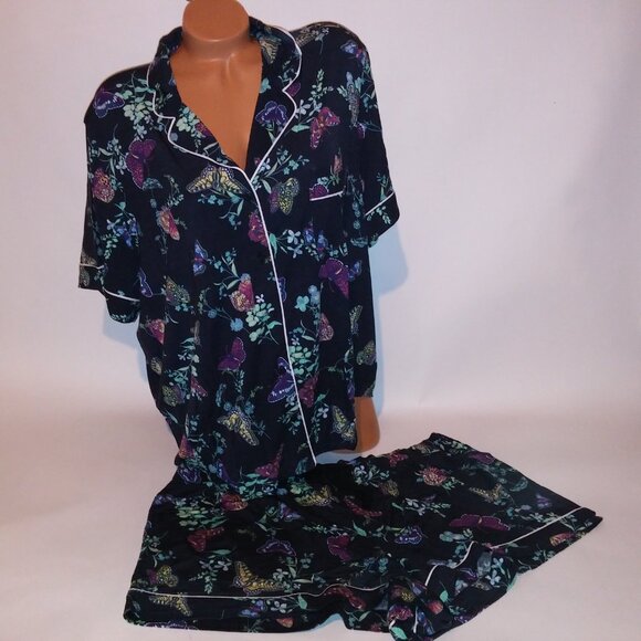 Victoria Secret Pajama Set Top & Bottom XXL 2X Modal Navy Blue Butterfly Garden - Picture 2 of 12